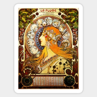 La Plume Zodiac Calendar Alphonse Mucha Art Nouveau Vintage Sticker